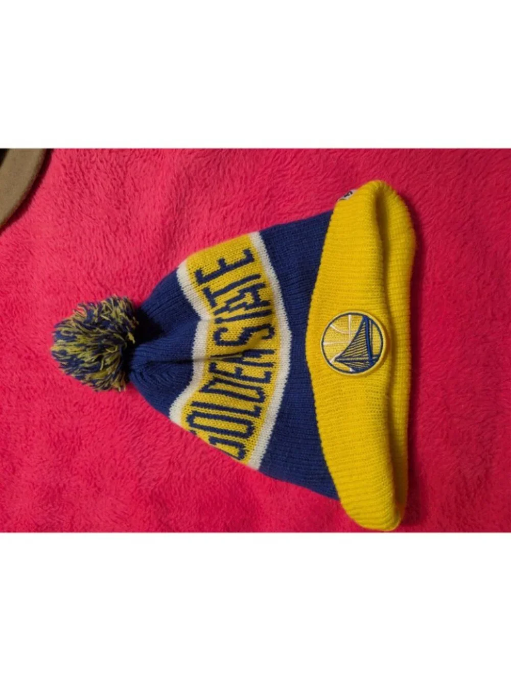 Golden State Warriors 47 Brand Beanie Hat Mens Womens Blue Yellow Pom Knit Cap
